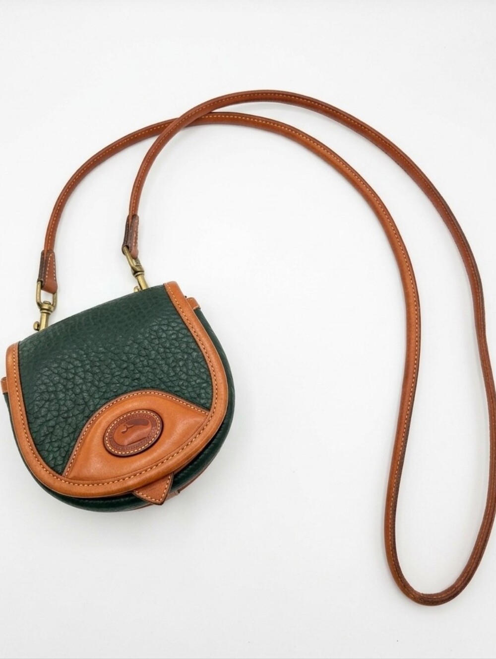 Vintage Dooney & Bourke Green and Tan Pebbled Leather Crossbody Saddle Bag